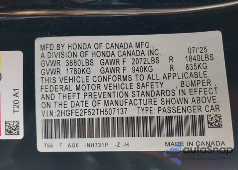 2026 Honda Civic Sport from USA, damaged, VIN 2HGFE2F52TH507137